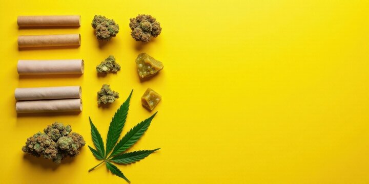 Flatlay Composition of Cannabis Buds, Rolling Papers, and Resin on Vibrant Yellow Background