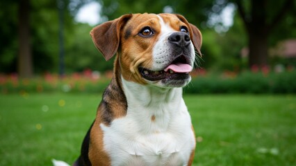A charming Beabull dog, a hybrid mix of a Beagle and an English Bulldog, sitting outdoors with a joyful expression