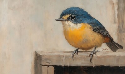 Small Blue and Yellow Bird on Weathered Wood Painting