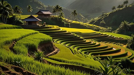 Landscape of terraced rice fields, characterized by their lush green and golden hues.
