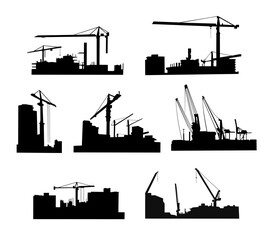 Black construction city scape silhouette, for urban development projects, architectural designs, engineering concepts, and city planning visuals