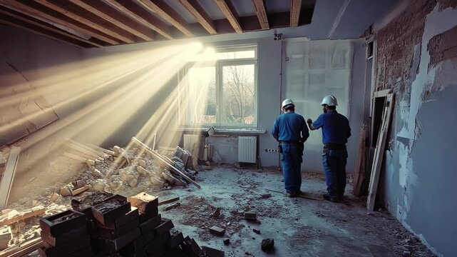 Reconstruction Site: A dramatic interior shot capturing two construction workers inspecting a room in disrepair, illuminated by shafts of sunlight piercing through a window.