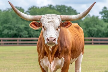 A close-up portrait of a majestic bull with curved horns standing in a field