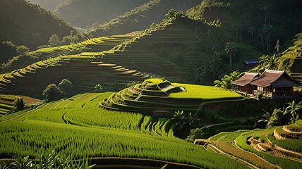 Landscape of terraced rice fields, characterized by their lush green and golden hues.