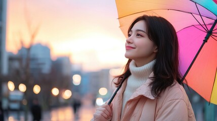 Fototapeta premium Woman with umbrella sunset city