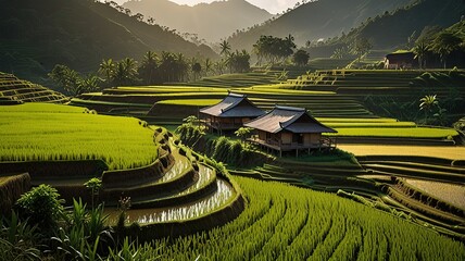 Landscape of terraced rice fields, characterized by their lush green and golden hues.