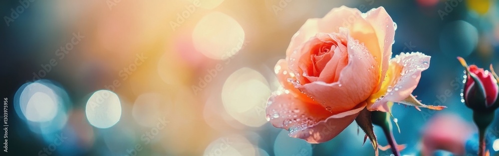 Aufkleber close-up view of a dewy pink rose with a soft watercolor background in a garden setting