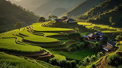 Landscape of terraced rice fields, characterized by their lush green and golden hues.