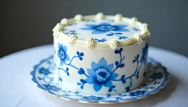 Elegant white cake with intricate blue floral icing, showcasing delicate craftsmanship and a beautiful design.