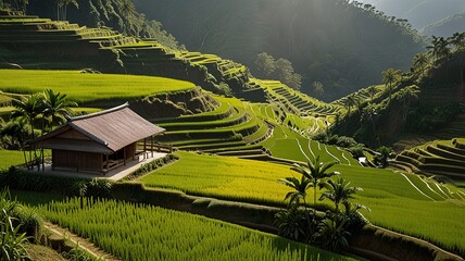 Landscape of terraced rice fields, characterized by their lush green and golden hues.