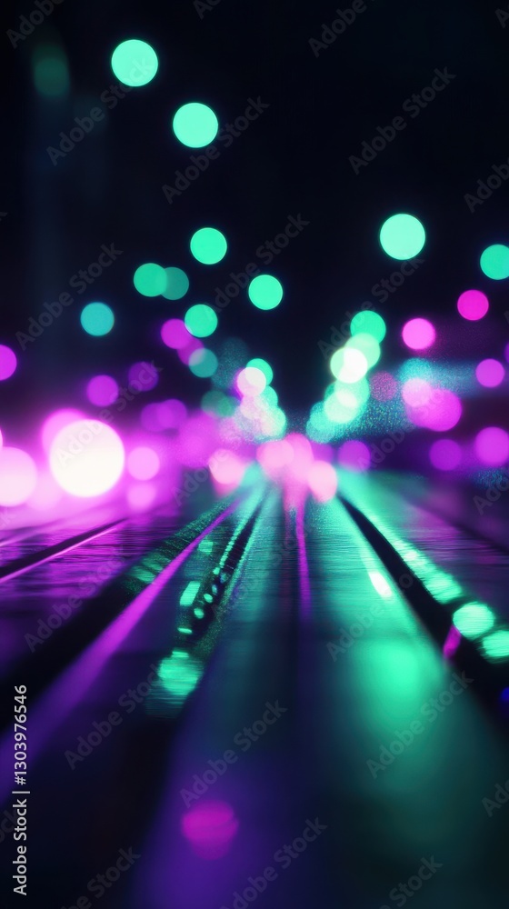 Poster neon green and electric purple bokeh lights create a captivating visual display in a vibrant urban s