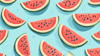 Fresh watermelon slices on blue background, perfect for summer