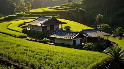 Landscape of terraced rice fields, characterized by their lush green and golden hues.