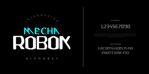 Mecha creative modern geometric urban alphabet font. Digital abstract futuristic, game, techno, robot, music, logo, sport, minimal technology typography. Simple numeric vector illustration