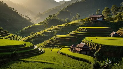 Landscape of terraced rice fields, characterized by their lush green and golden hues.