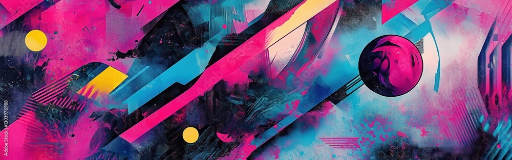 Fototapete Vibrant magenta geometric layers create a dynamic composition with abstract shapes and a circular object in a colorful display