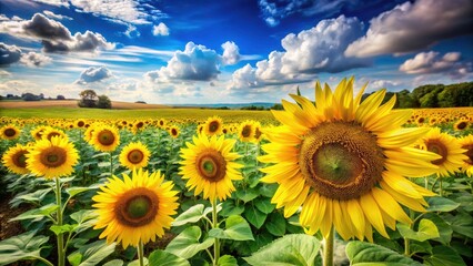 Obraz premium Vibrant Sunflower Field Enhancing Biodiversity in Summer Landscape with Blue Skies and Clouds