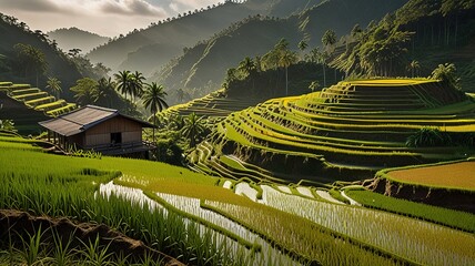 Landscape of terraced rice fields, characterized by their lush green and golden hues.