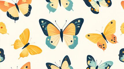 Cheerful butterflies in seamless pattern on light background