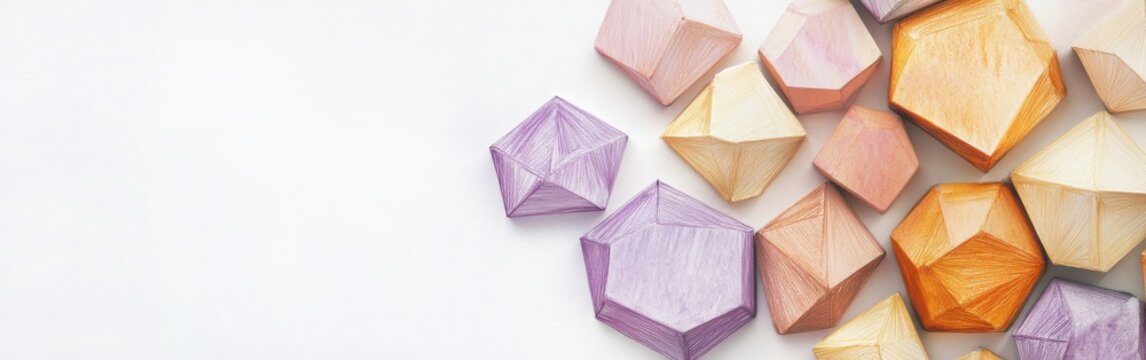 Creative arrangement of colorful geometric pencil shavings on an elegant white background for artistic inspiration