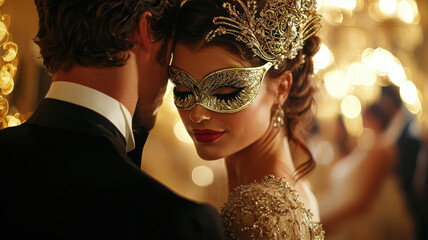 Elegant carnival ball with formal attire, featuring masked woman and man. atmosphere is enchanting and romantic