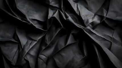 Obraz premium A close-up view of crumpled black fabric, showcasing intricate textures and shadows in a dark, elegant composition.