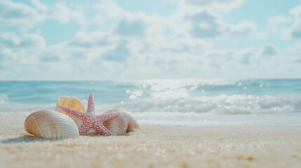 A serene beach scene featuring seashells and a starfish on soft sand, with calm waves and a bright, cloudy sky in the background.