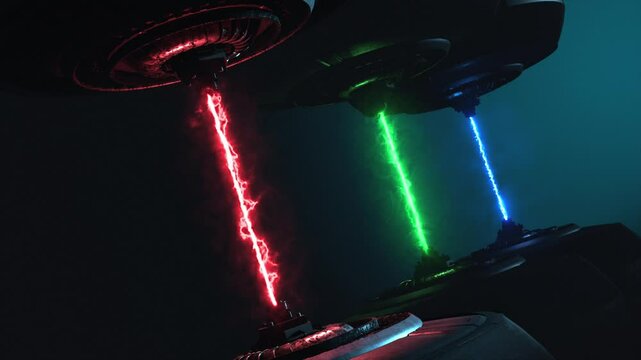 Future technology emitting three vivid lazer pulses on a dark gradient background, with dramatic side lighting and an intense red green and blue high energy laser beams - ideal for background plate