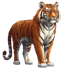 Obraz premium A tiger stands in front of a white background. The tiger is looking directly at the camera. The image has a calm and peaceful mood