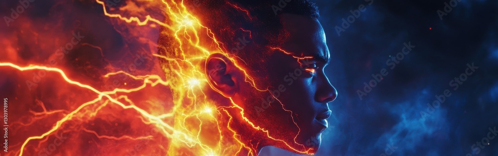 Poster Portrait of a man glowing with vibrant energy in a dark setting, showcasing dynamic colors and intense emotions