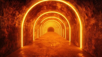 Fototapeta premium 4. Dark Corridor with Orange Neon Lighting in 3D Render