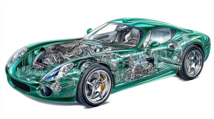 A Green Sport Car With Internal Details Displayed Clearly