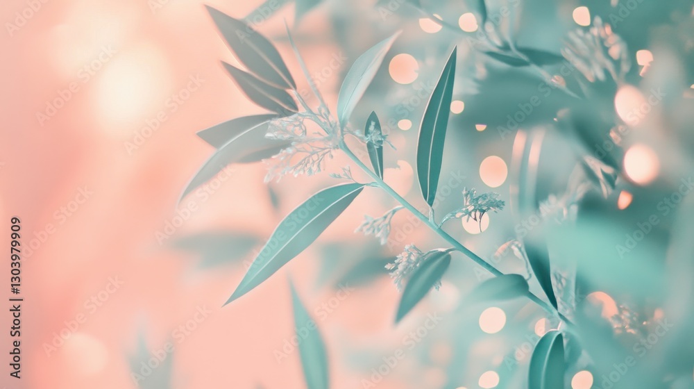 Poster soft pastel gradient of mint green and peach with delicate foliage enhancing a gentle ambiance in a 