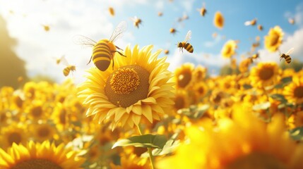 A cheerful cartoon bee with large eyes and striped body flies joyfully next to a surprised sunflower character with a round face and wide eyes,