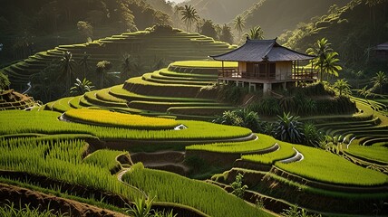 Landscape of terraced rice fields, characterized by their lush green and golden hues.