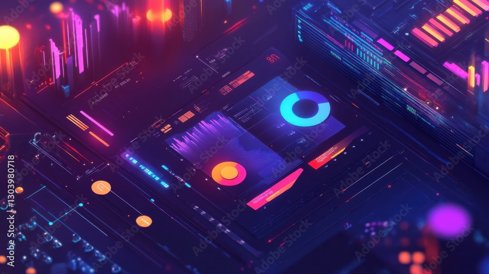Poster webinar interface showcasing data visualization with vibrant colors and dynamic graphics at a tech e