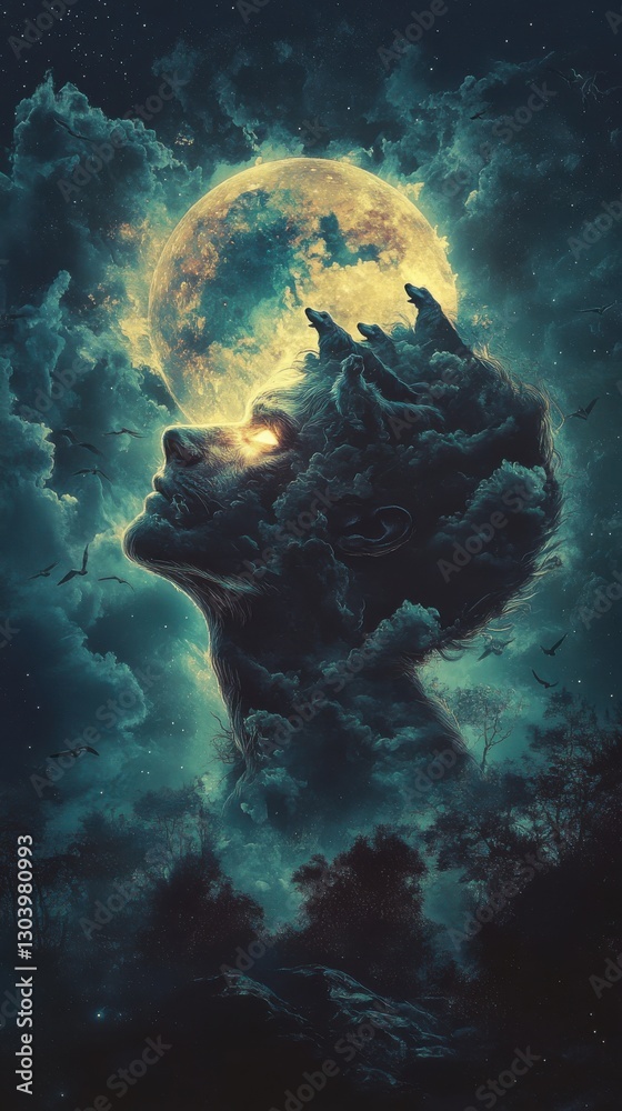 Aufkleber Mystical profile of a man filled with cosmic elements under a full moon in a moody atmosphere
