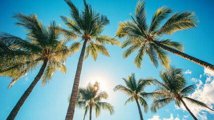 Fototapeta premium Tall palm trees against bright blue sky with sunlight