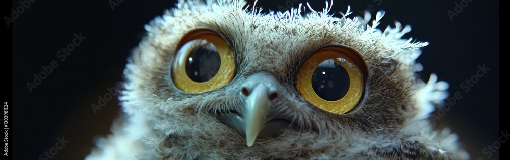 Poster close-up view of an owl's face revealing intricate details and vibrant eyes in a natural setting