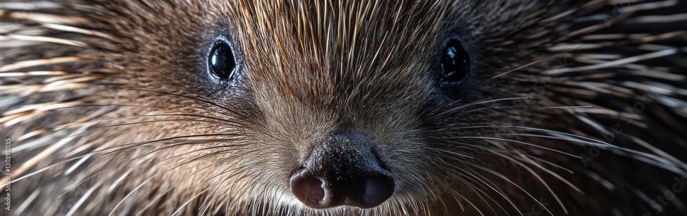 Poster close-up view of porcupine face highlighting intricate quills and expressive features in natural hab