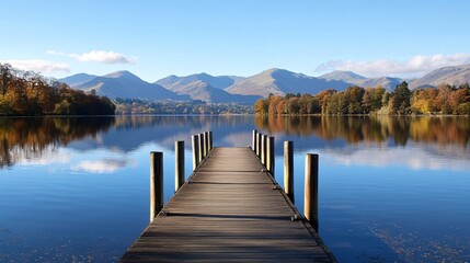 Obraz premium Serene Autumn Lake View with Wooden Pier Surrounded by Colorful Trees and Majestic Mountains Under Clear Blue Sky in a Picturesque Landscape