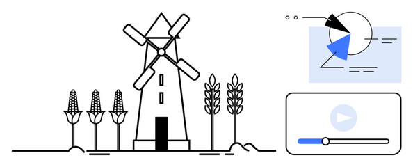 Windmill surrounded by corn and wheat crops, infographic pie chart with data visuals, media player with controls. Ideal for sustainability, agriculture, renewable energy, data analysis, e-learning