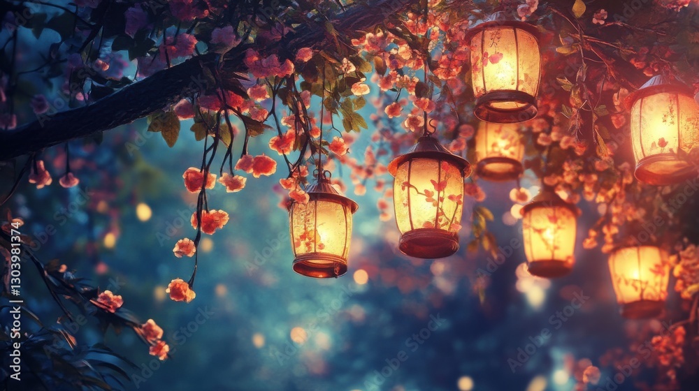 Poster Harmonious display of lanterns illuminated among blooming flowers in a tranquil evening setting