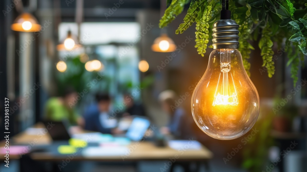 Poster glowing light bulb with intricate filaments illuminating a creative workspace surrounded by lush gre