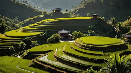 Landscape of terraced rice fields, characterized by their lush green and golden hues.