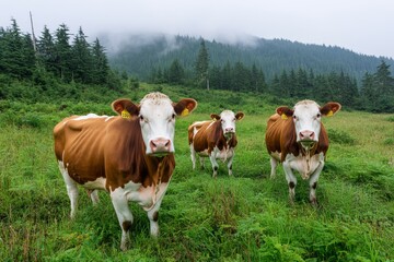 A foggy morning on a cattle farm, with cows slowly emerging from the mist