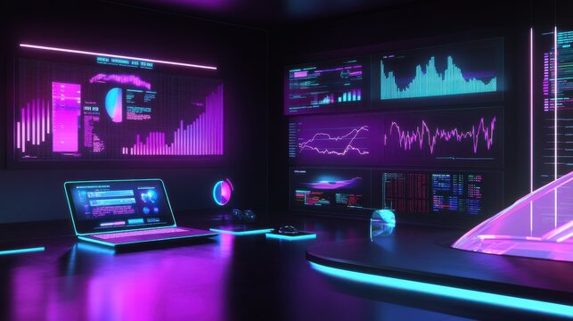 Virtual classroom designed with glowing technology and data visualizations for immersive learning experiences