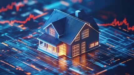 Creative fusion of a house model and a rising digital landscape showcasing innovation and modern living