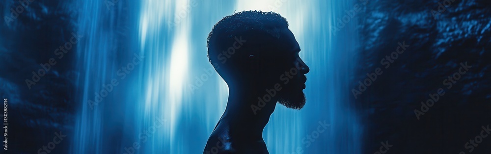 Aufkleber Man radiating energy in front of a stunning waterfall during twilight hours