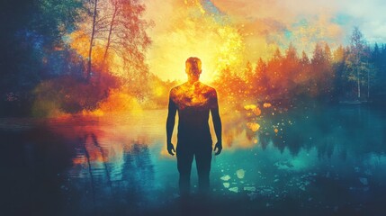 Obraz premium Glowing figure illuminates a serene landscape at sunset, merging with the colors of nature